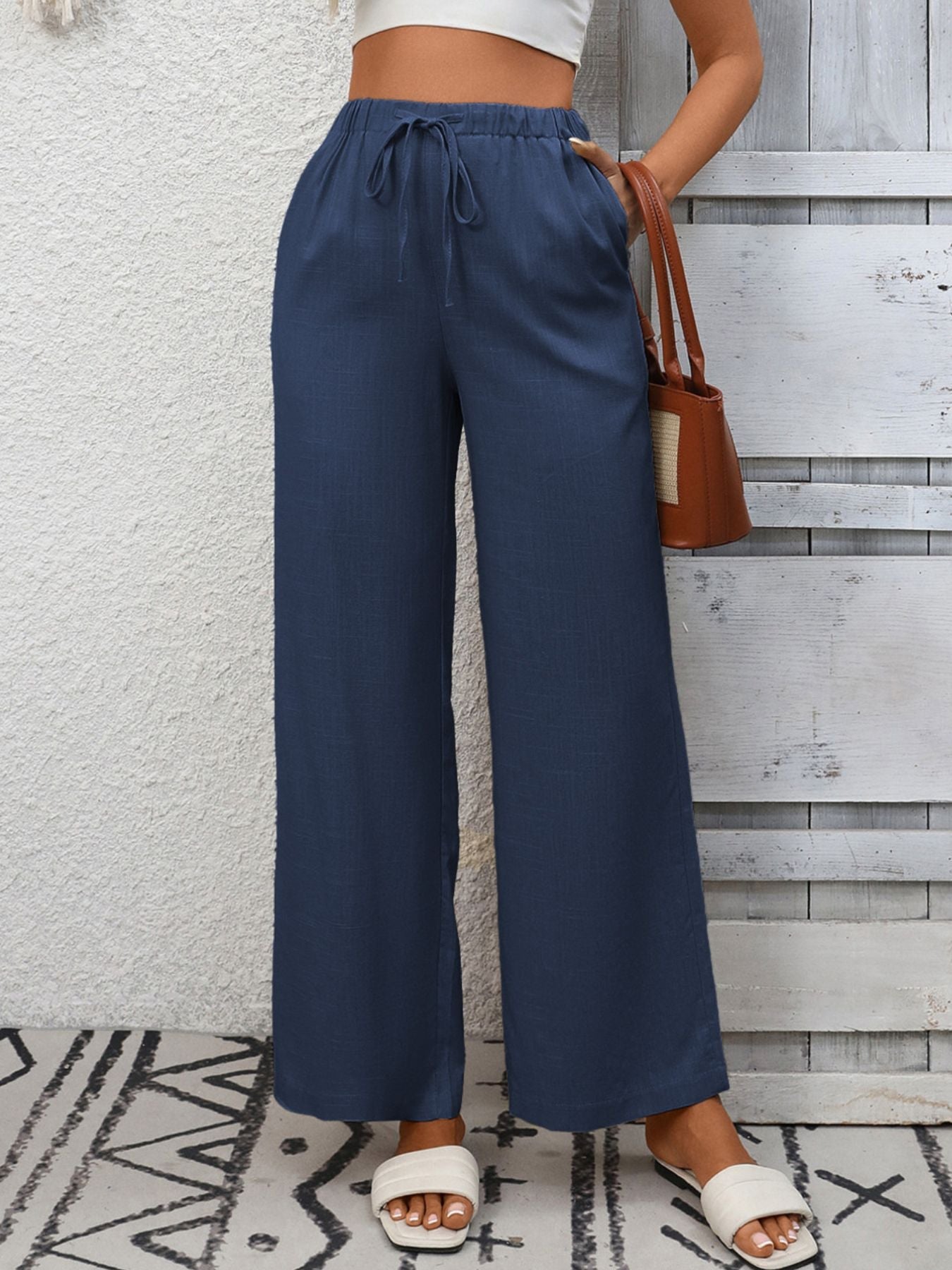 Drawstring High Waist Wide Leg Pants
