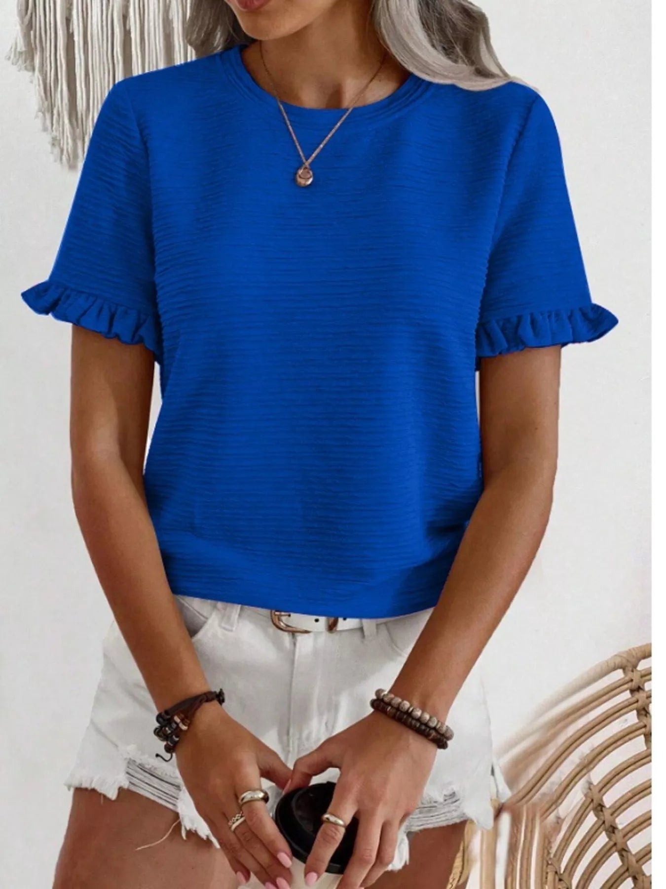 Textured Ruffle Sleeve Round Neck T-Shirt