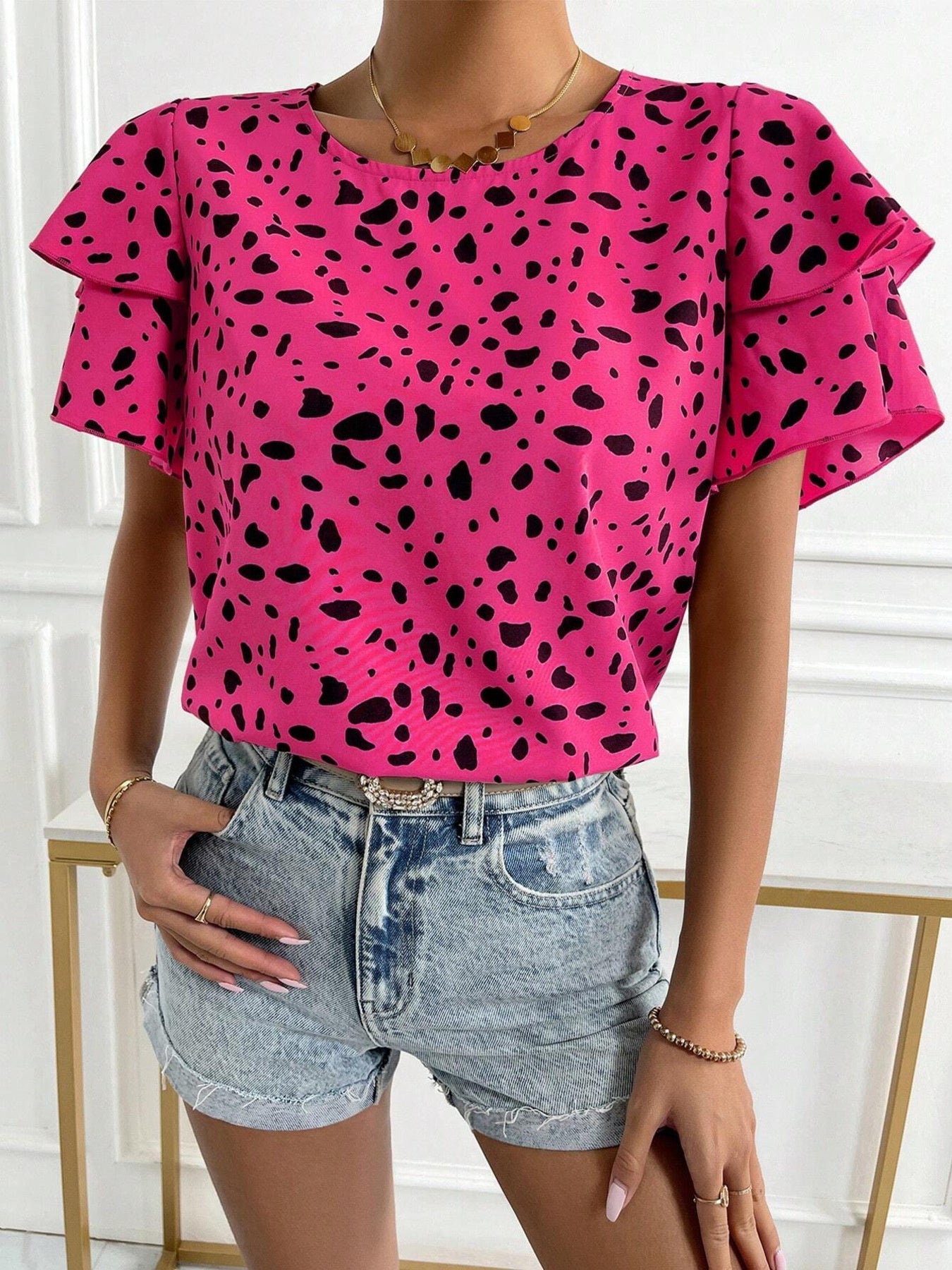 Animal Print Ruffle Sleeve Blouse