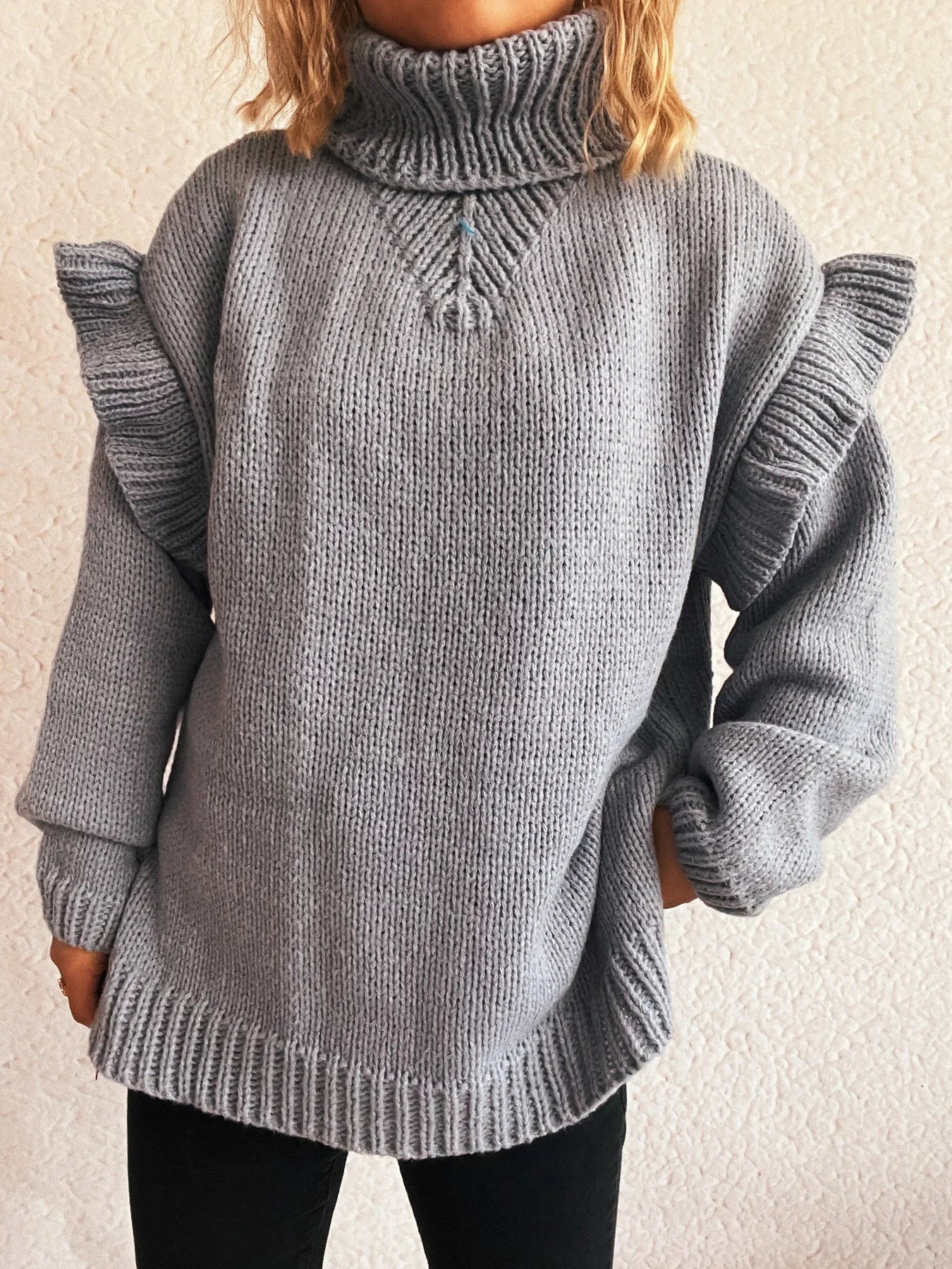 Ruffled Turtleneck Long Sleeve Sweater