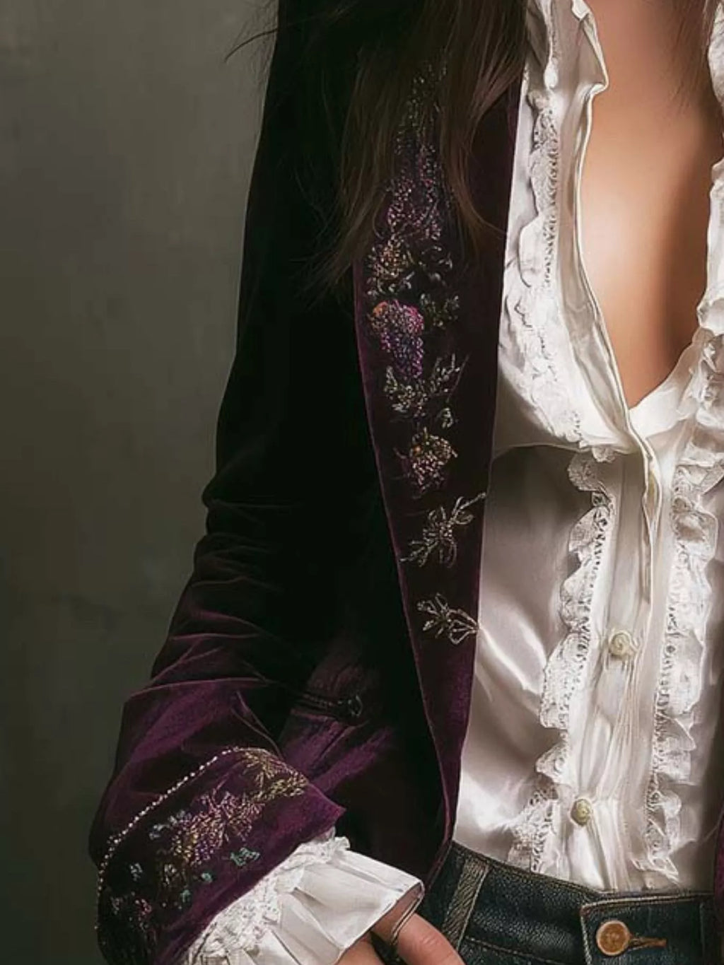 Embroidered Velvet Long Sleeve Outerwear