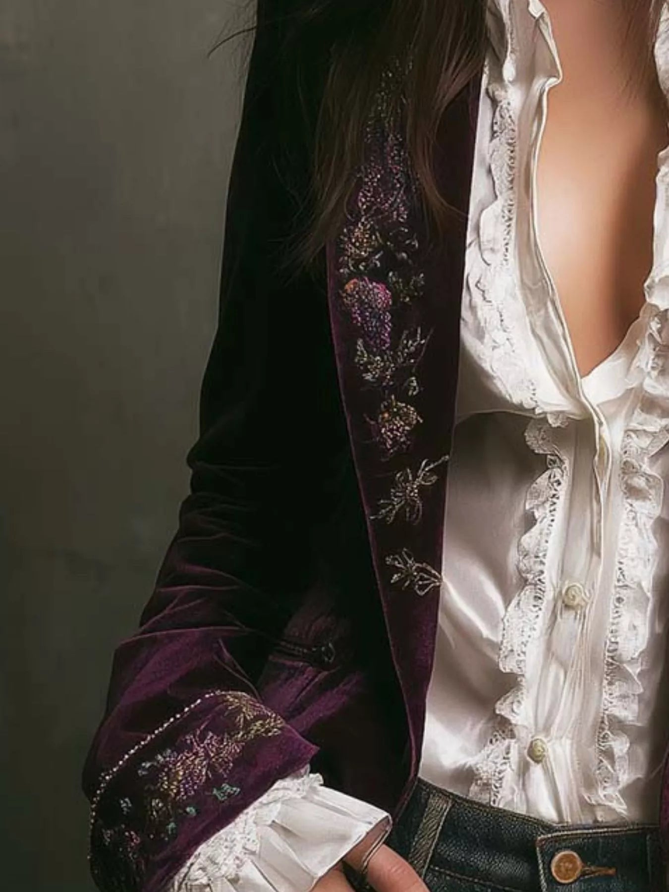 Embroidered Velvet Long Sleeve Outerwear