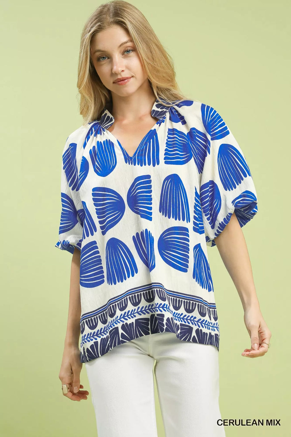 Umgee Shell Block Border Print Puff Sleeve Blouse