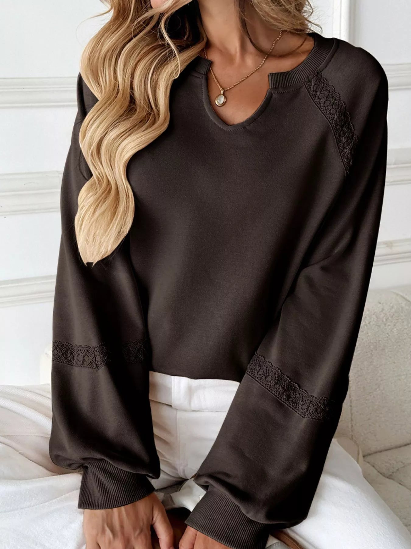 Notched Raglan Sleeve Sweatshirt