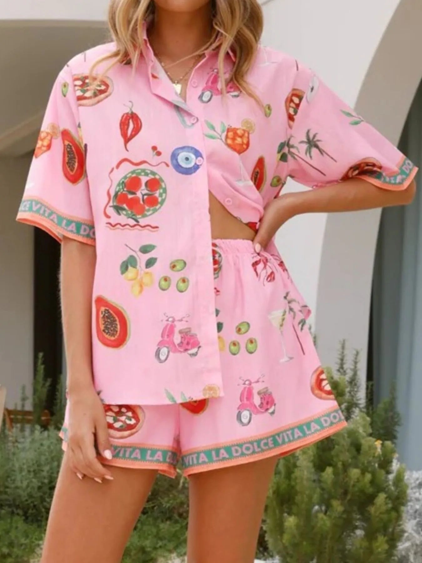Printed Button Up Shirt and Shorts Set