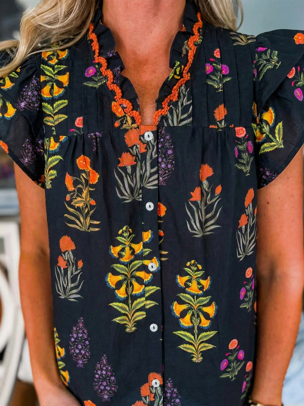 Floral Print Lace Trim Frilled V Neck Short Sleeve Shirt