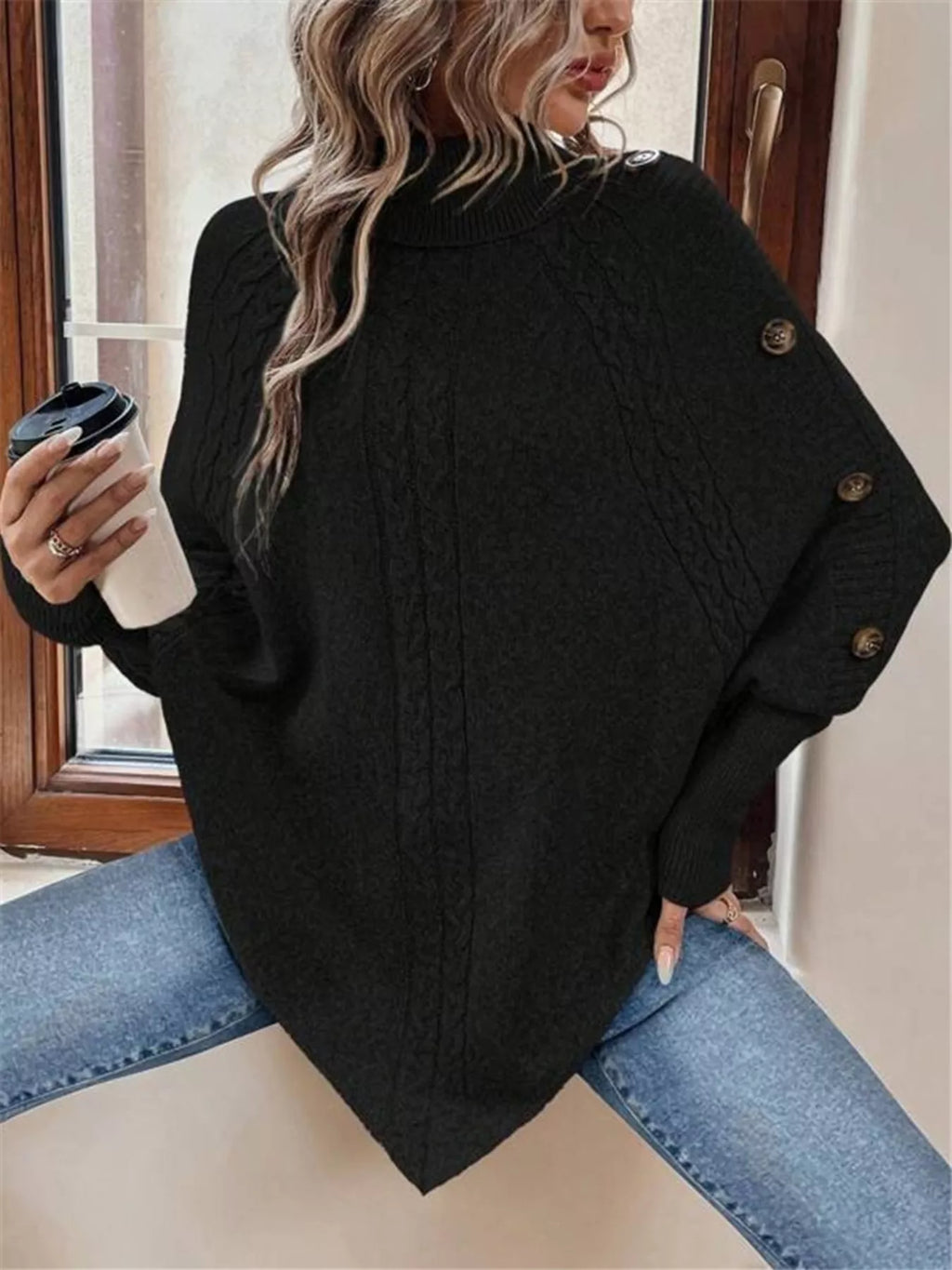 Cable Knit Turtleneck Cape Sweater