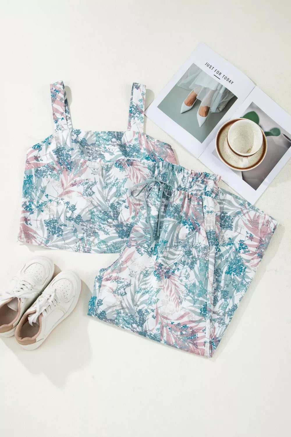 Floral Print Sleeveless Top and Wide Leg Pants Set