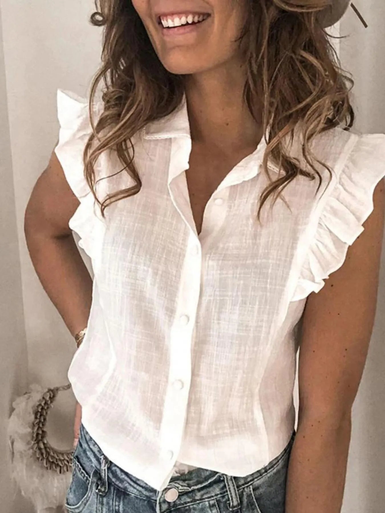 Ruffle Sleeve Button-Up Shirt
