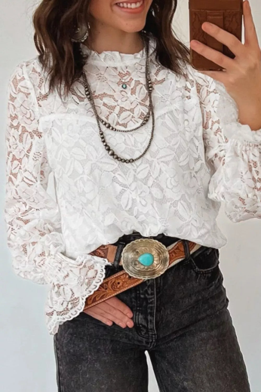 Ruffled Round Neck Long Flounce Sleeve Sheer Lace Blouse