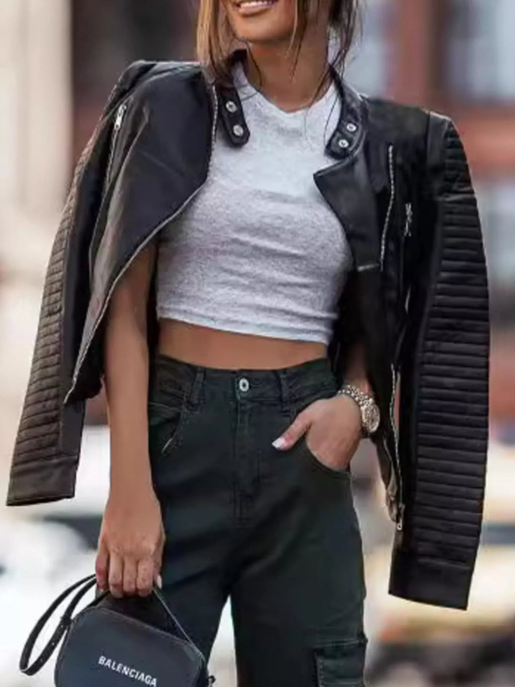 Quilted Sleeve Leather Moto Jacket