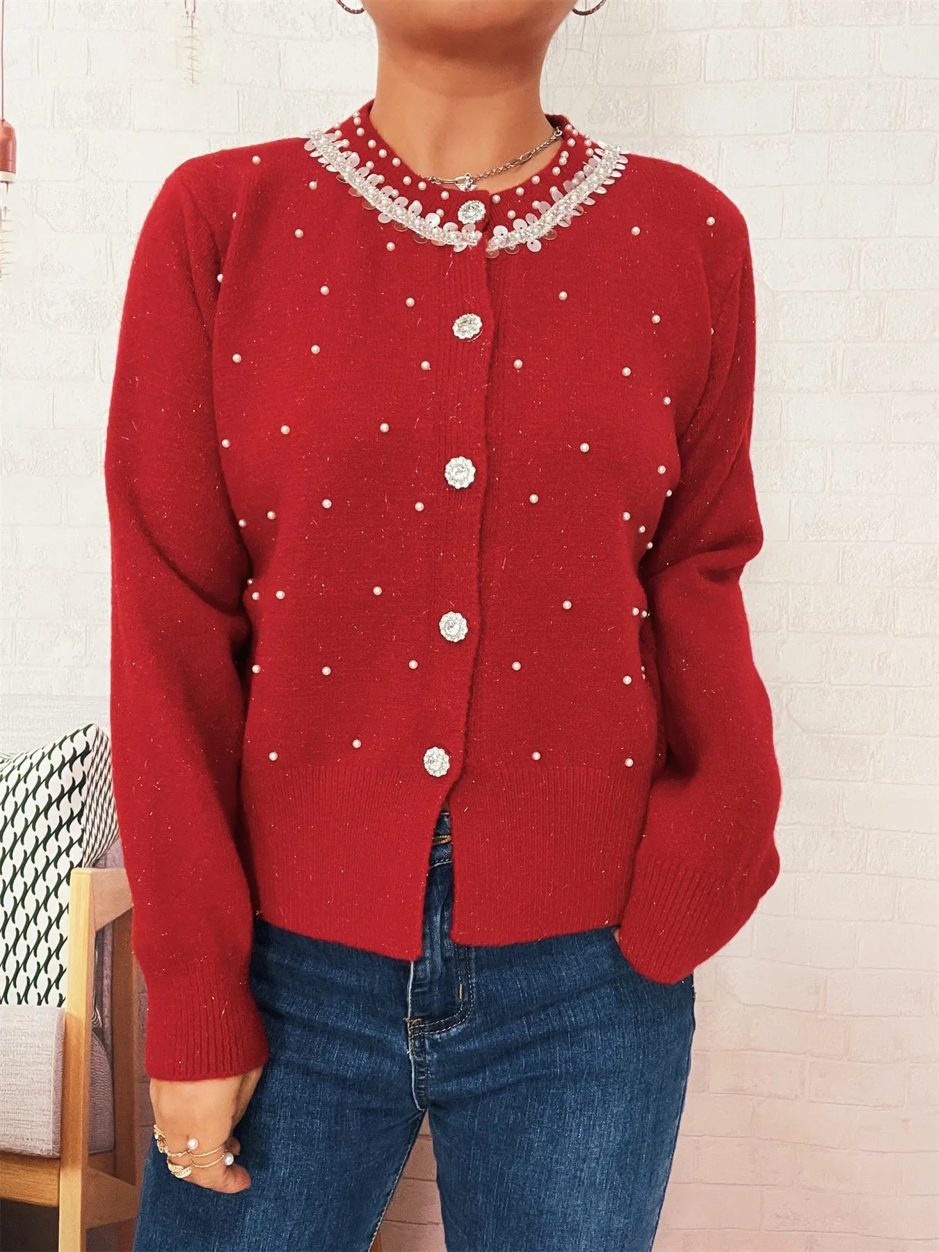 Pearl Detail Button-Front Cardigan