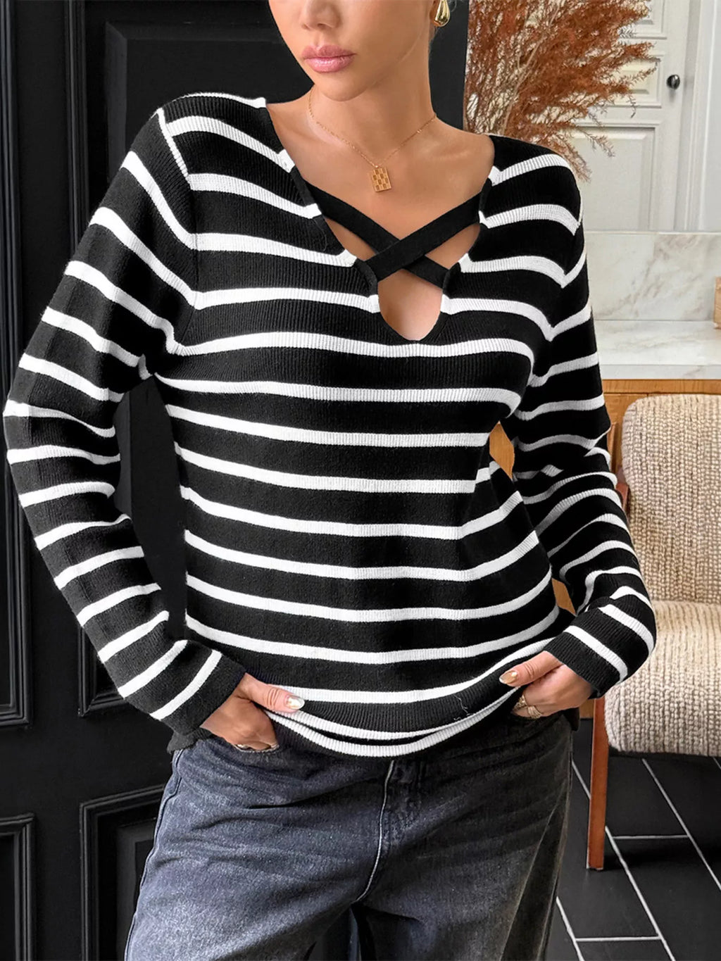 Striped Cross Front Long Sleeve Knit Top