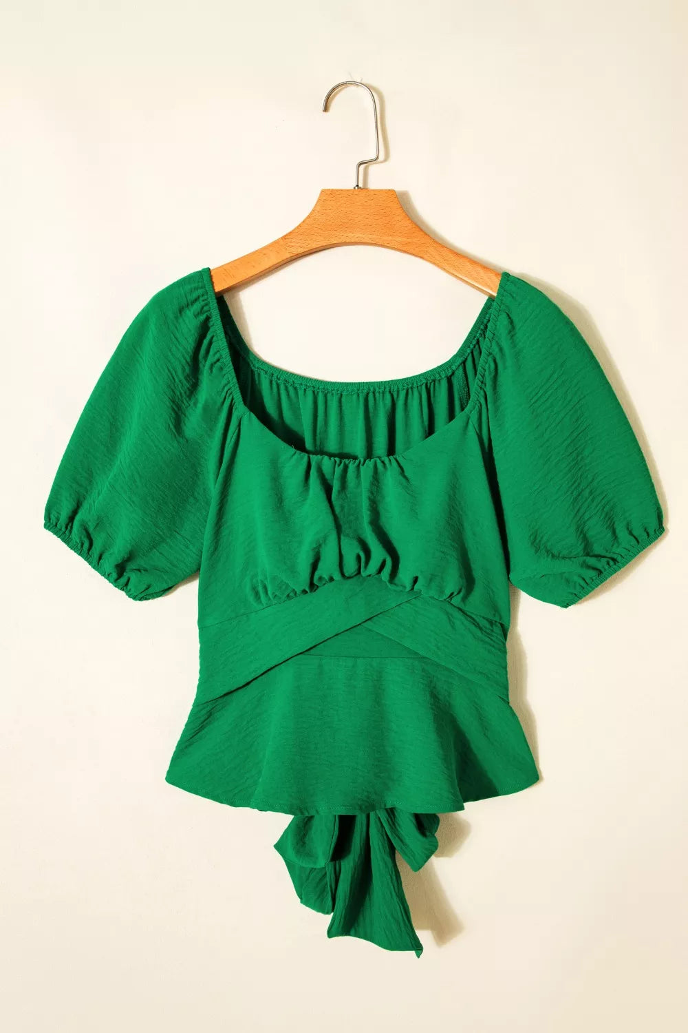 Solid Color Ruched Crossed Waist Tied Back Short Sleeve Peplum Top