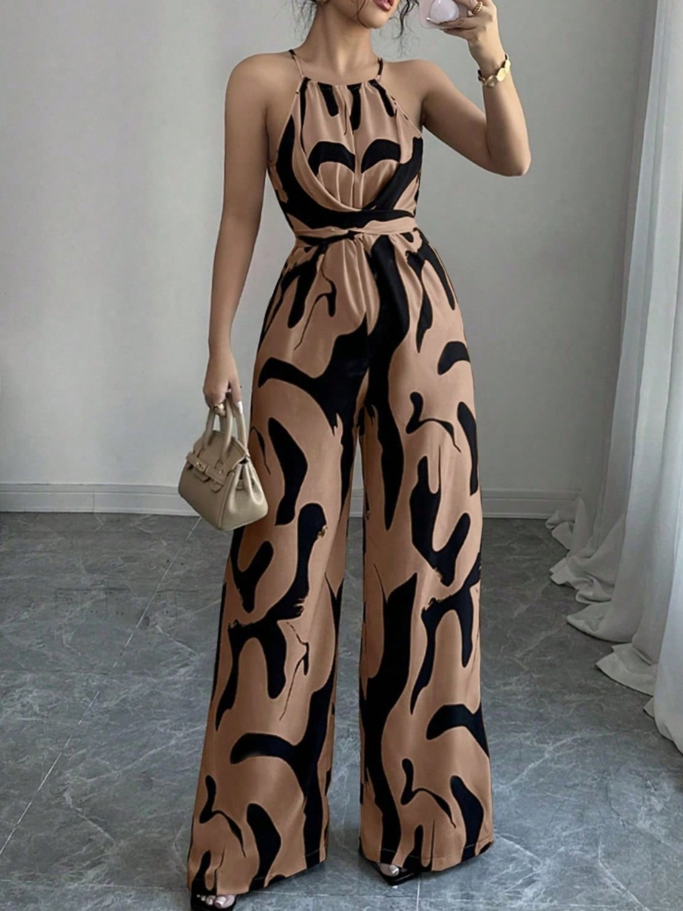 Abstract Print Sleeveless Wide Leg Jumpsuit