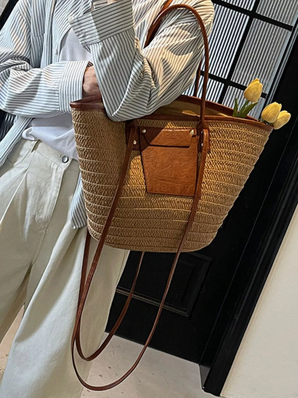Straw Woven Shoulder Bag with Leather Accents