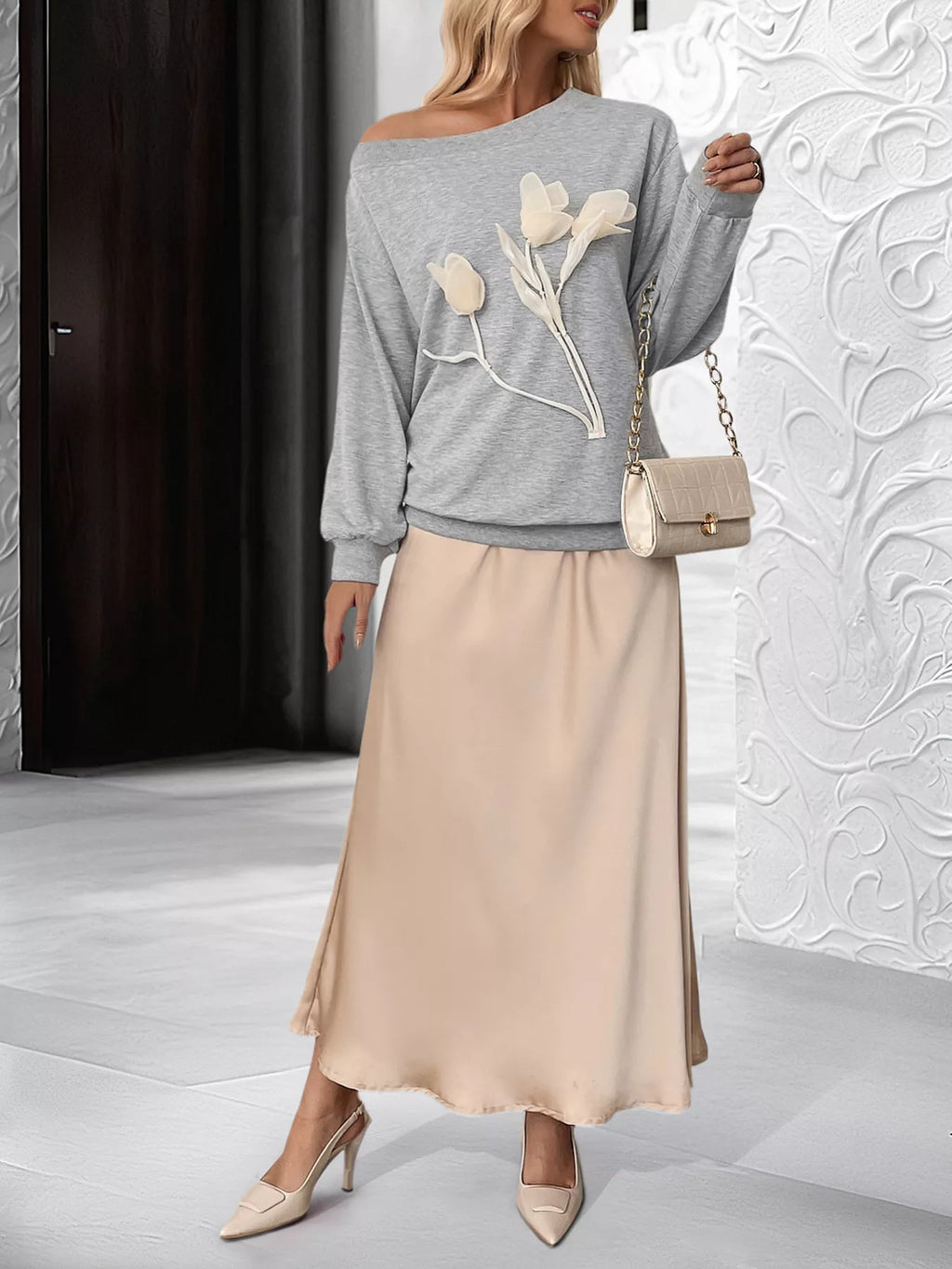 Floral Applique Boat Neck Sweatshirt