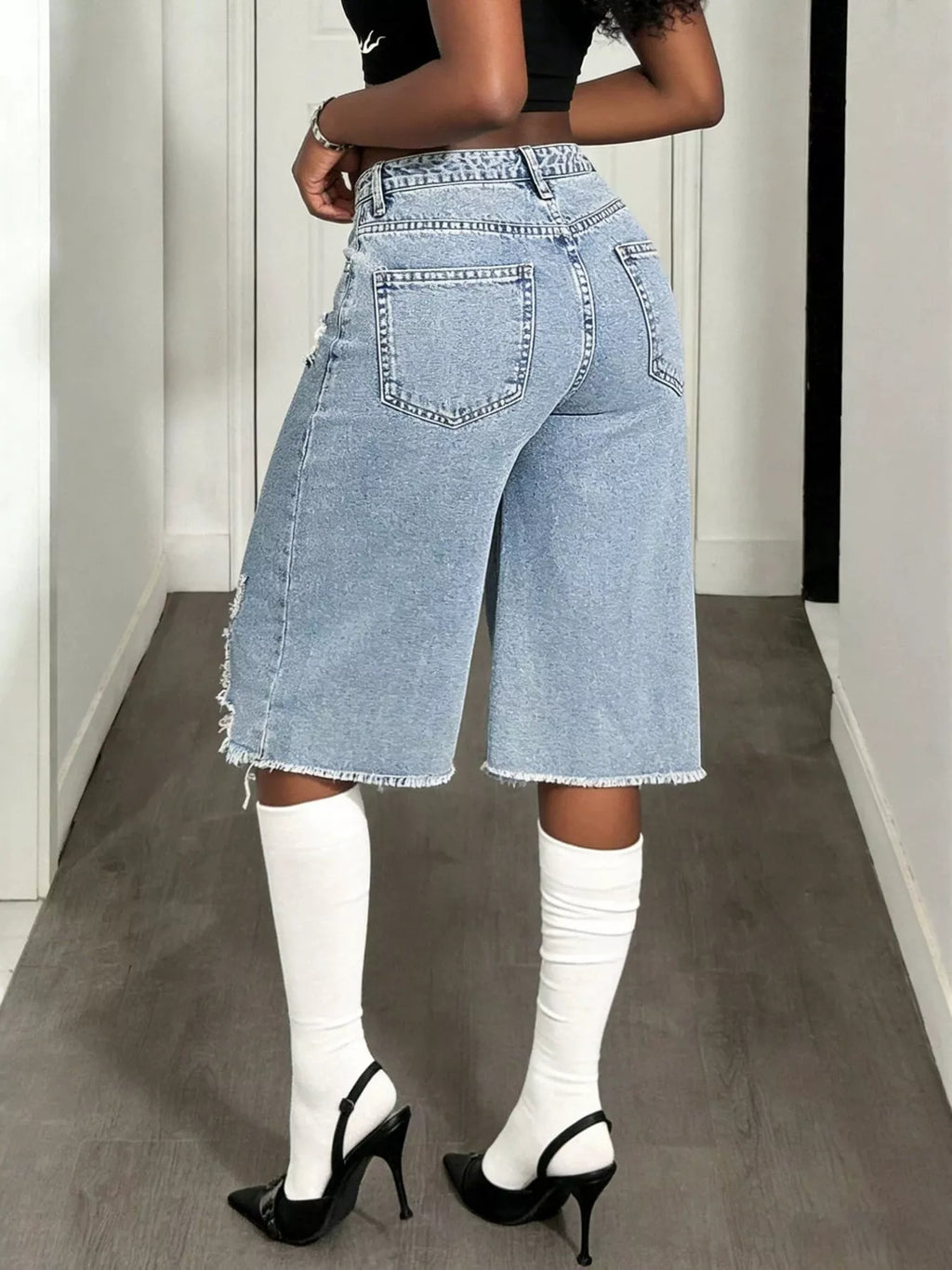 Distressed Wide-Leg Denim Shorts