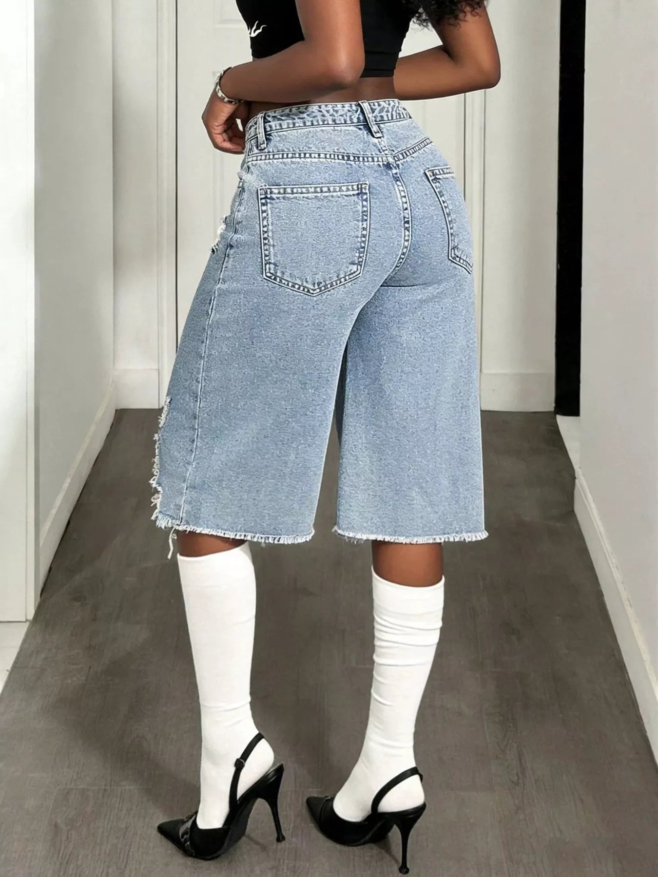 Distressed Wide-Leg Denim Shorts