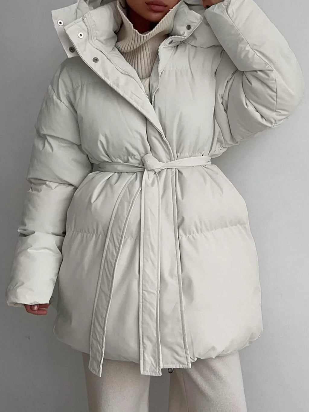 Mid-Length Thickened Hooded Winter Coat with Belted