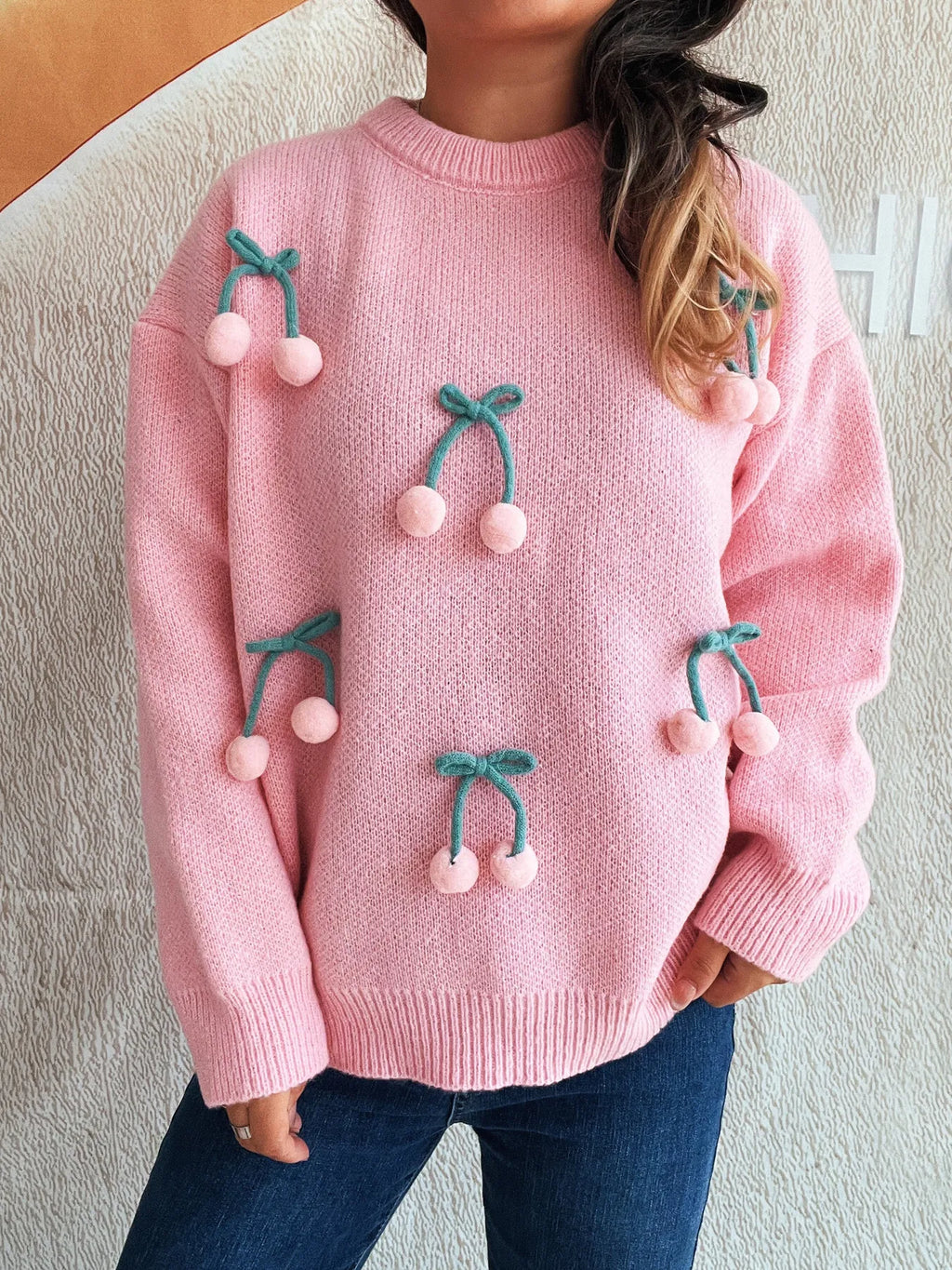 Cherry Round Neck Long Sleeve Sweater
