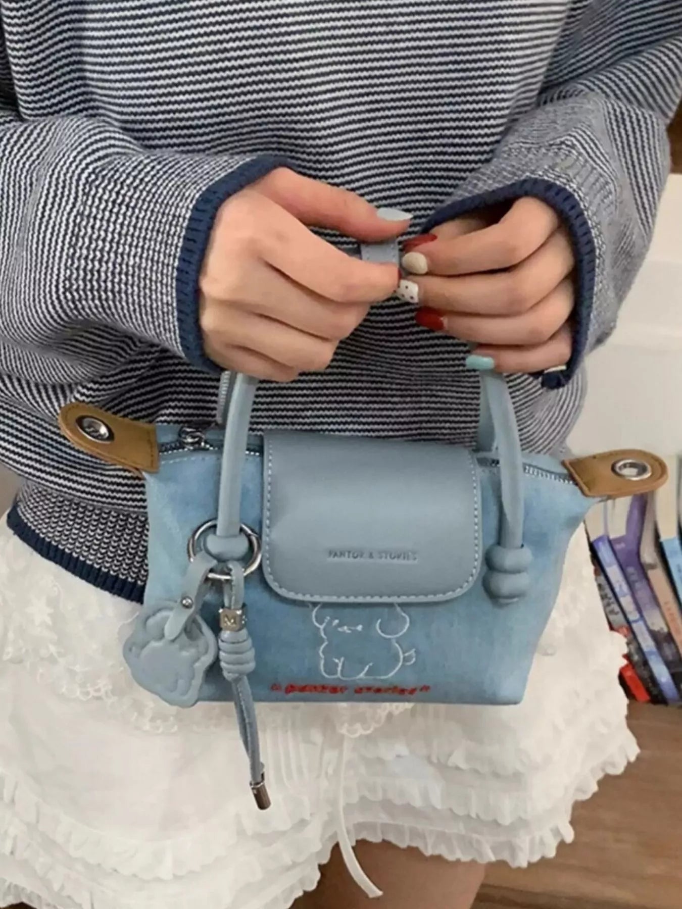 Puppy Embroidered Denim Handbag