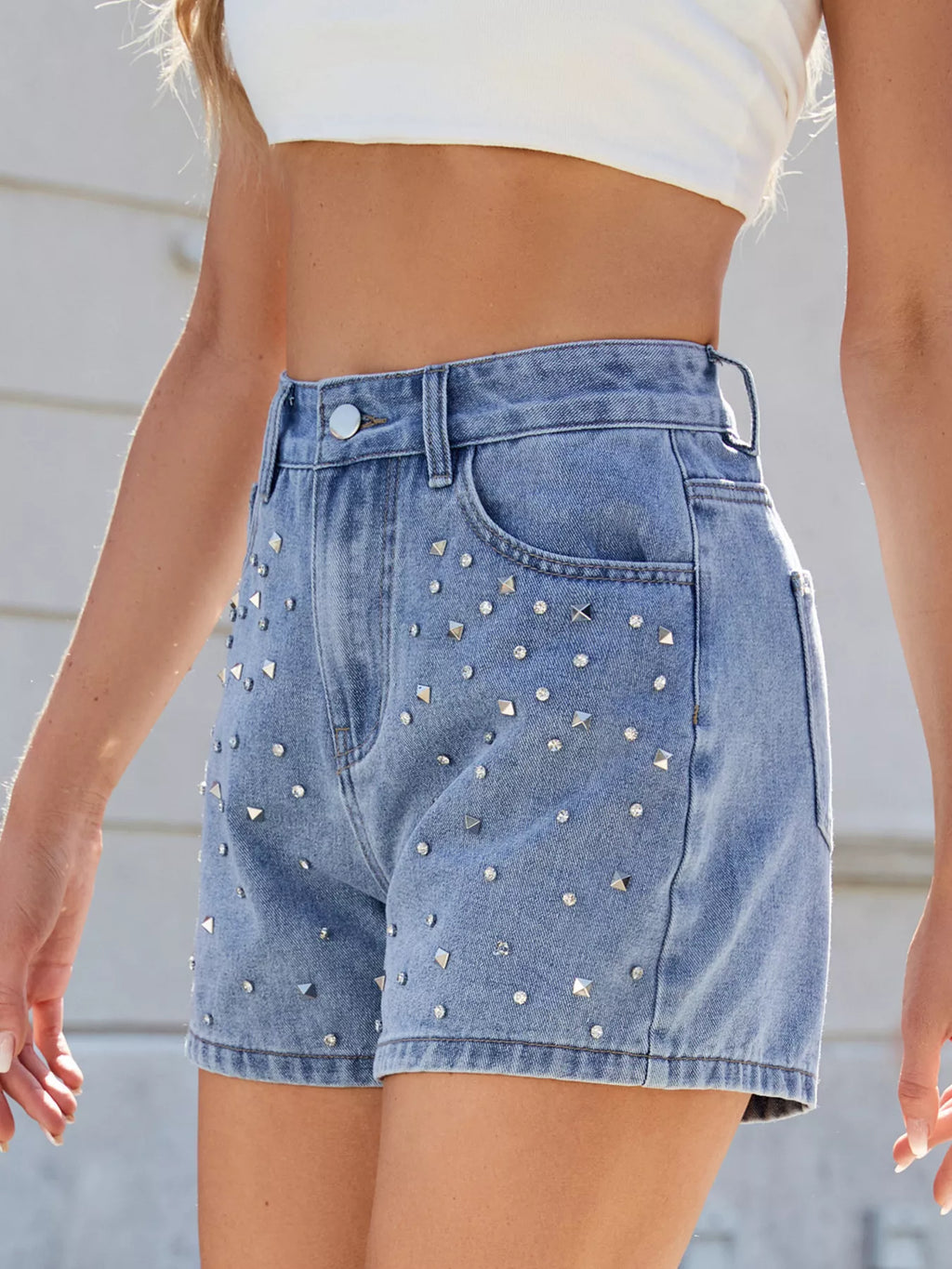 Studded High Waist Denim Shorts