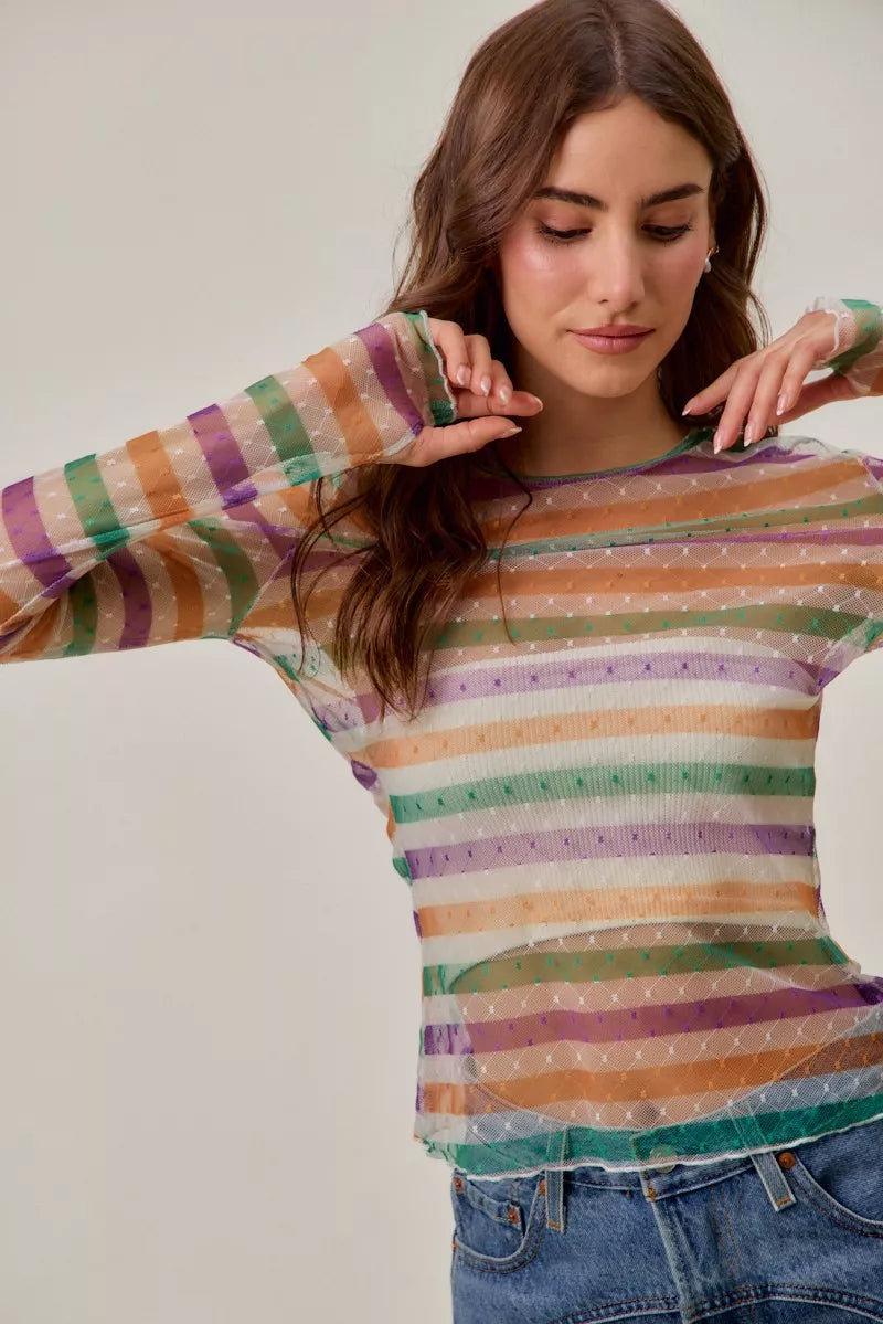 SO ME Mardi Gras Color Stripe Stretch Mesh Top