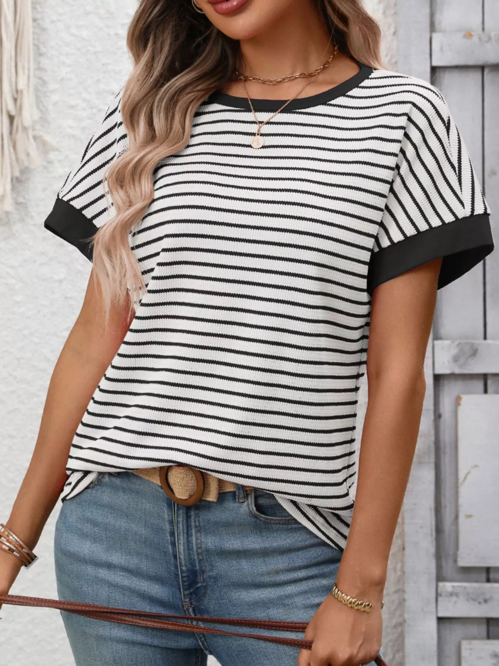 Striped Ribbed Knit Short Sleeve T-Shirt
