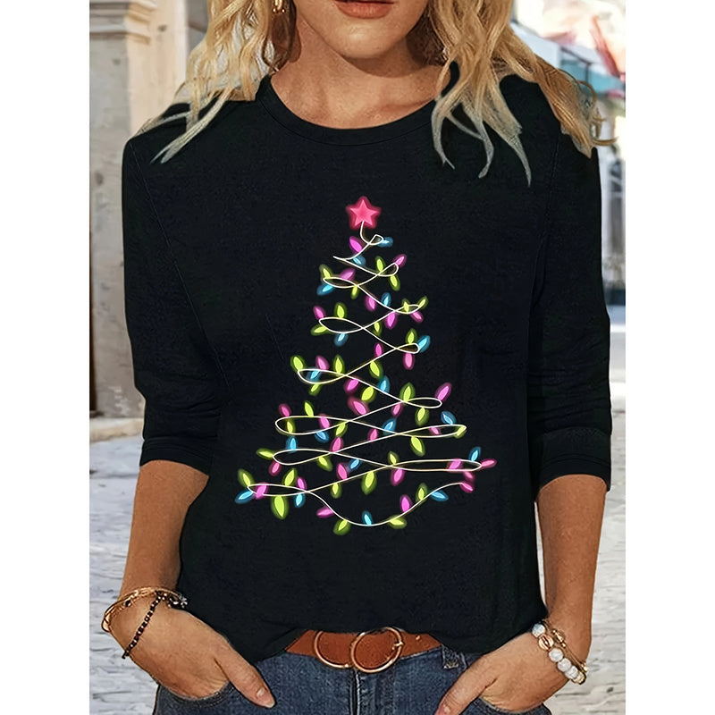 Women’s Long Sleeve Merry Christmas T-Shirt – Cute Christmas Tree Graphic Tee