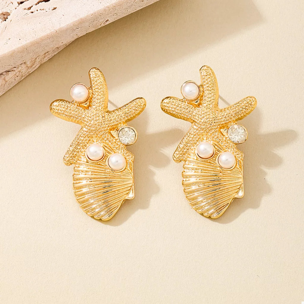 Ocean Starfish Shell Synthetic Pearl Drop Earrings