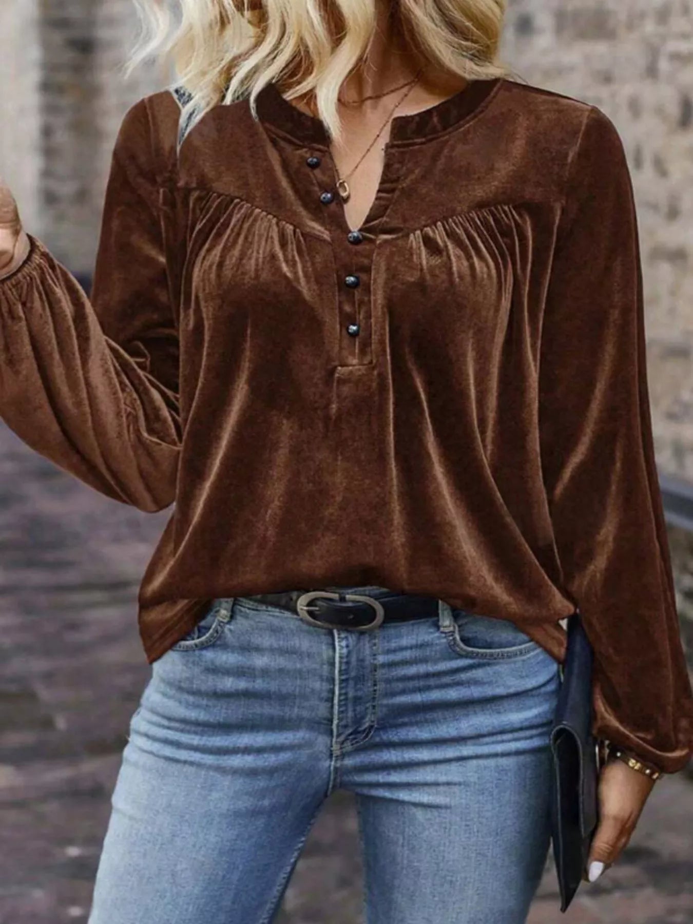 Velvet Balloon Sleeve Blouse