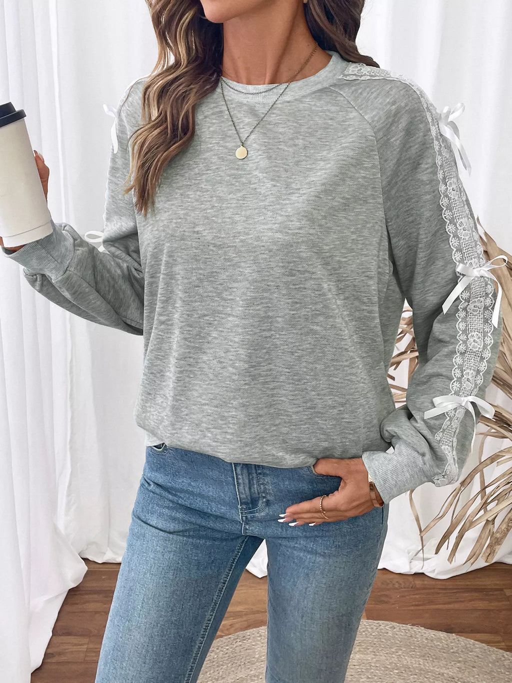 Lace Detail Round Neck Sweatshirt