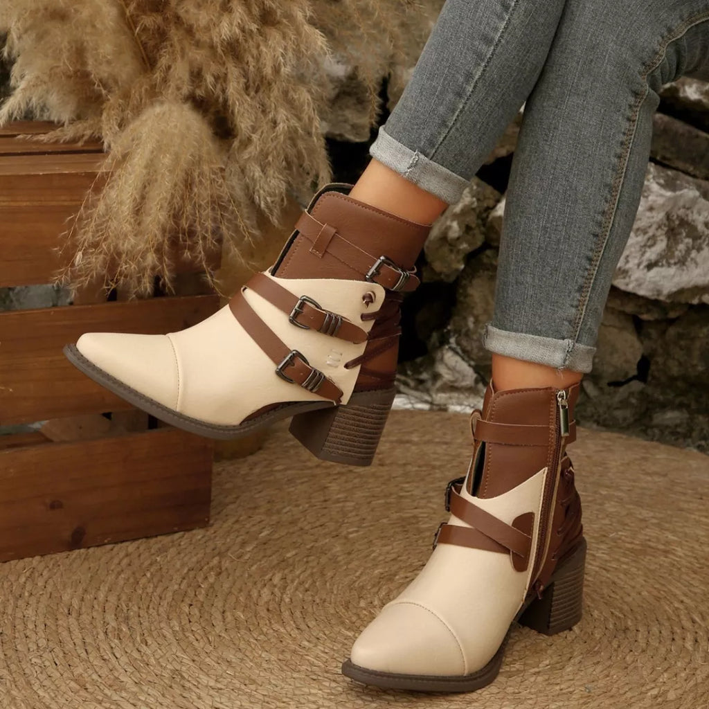 Point Toe Buckle Strap Ankle Boots with Block Heels