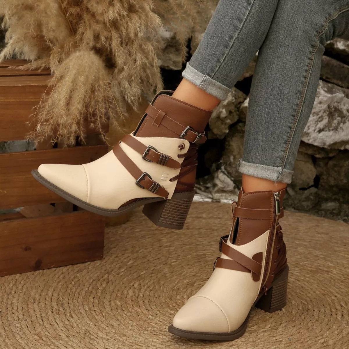 Point Toe Buckle Strap Ankle Boots with Block Heels