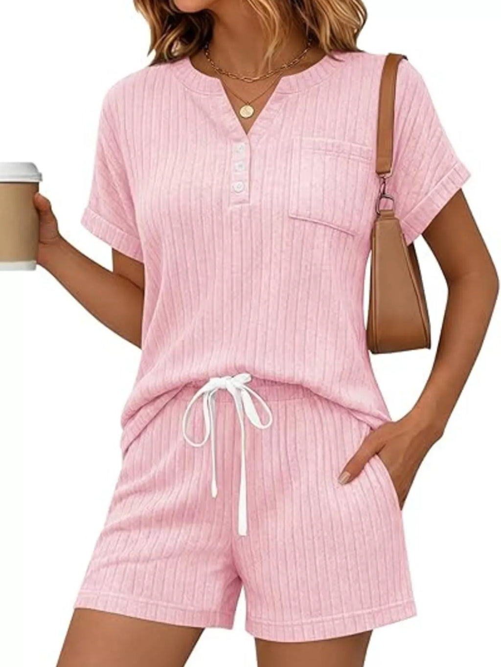 Casual Ribbed Knit Tee and Shorts Set