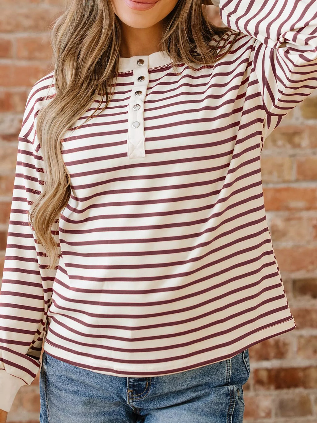 Striped Drop Shoulder Long Sleeve Henley Top