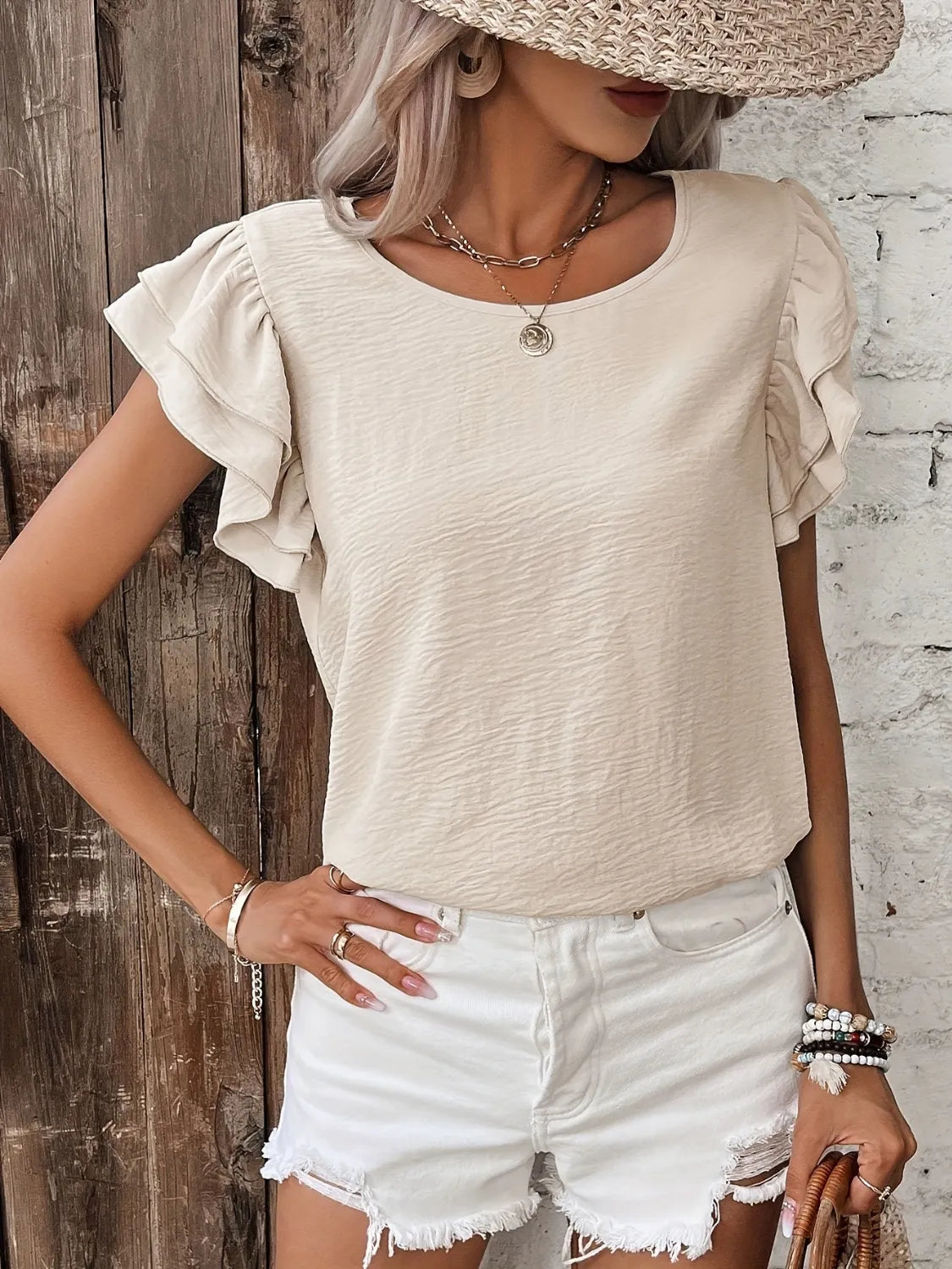 Ruffled Round Neck Cap Sleeve Blouse
