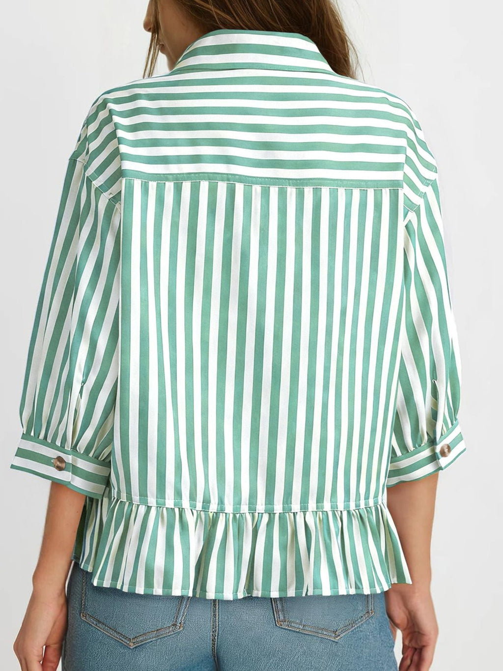 Striped Ruffle Hem Button-Down Shirt