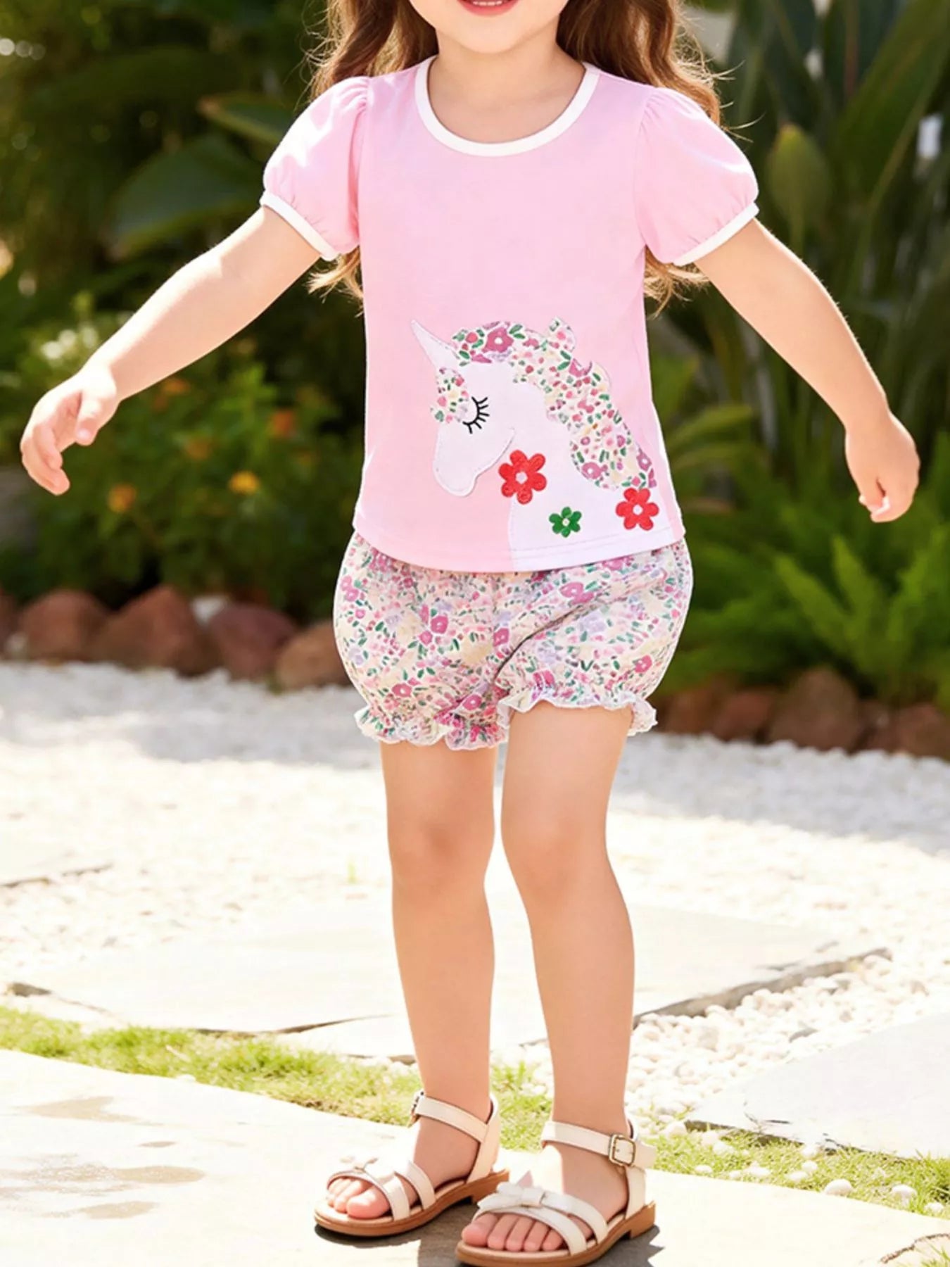 Children's Floral Unicorn Top and Shorts Set