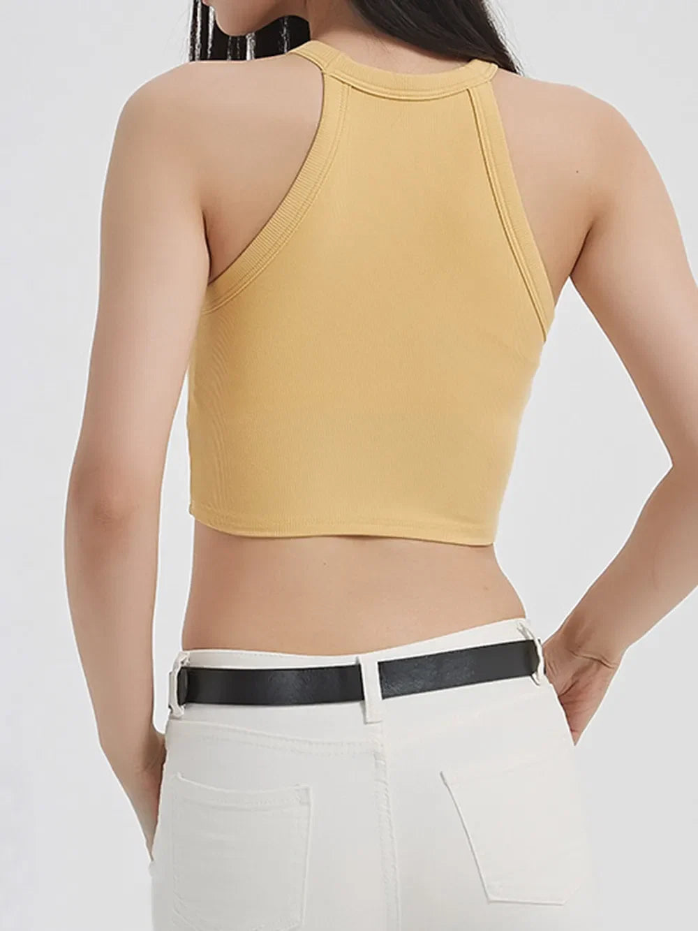 Ribbed Grecian Neck Cropped Tank with Chest Pads