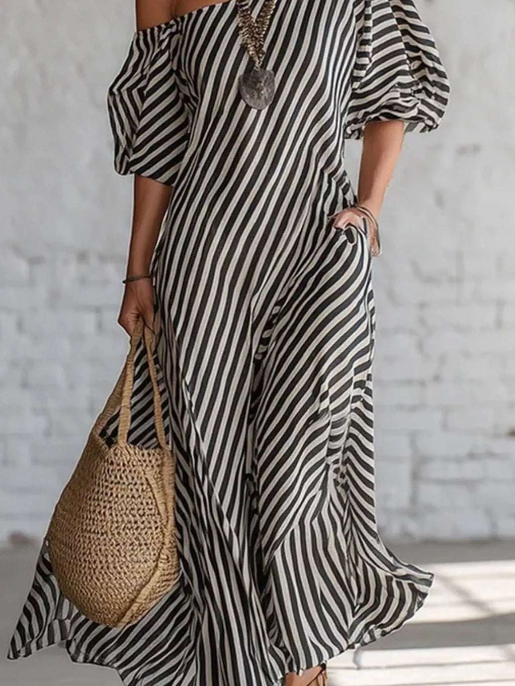 Full Size Striped One-Shoulder Casual Maxi Dress Plus Size