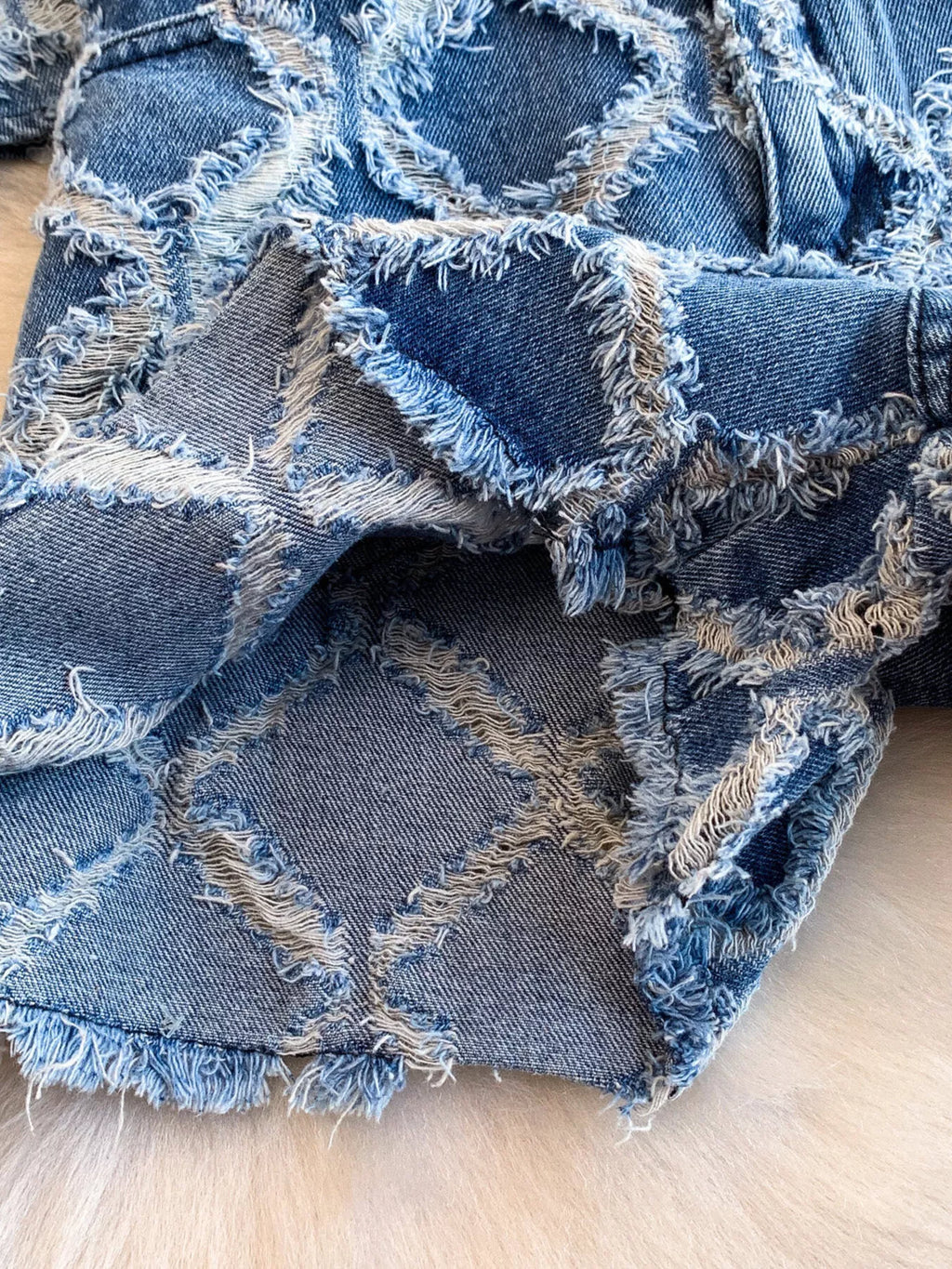 Distressed Diamond Pattern Jacket and Shorts Denim Set