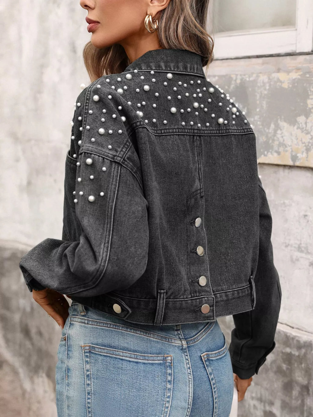 Pearl Embellished Cropped Denim Jacket