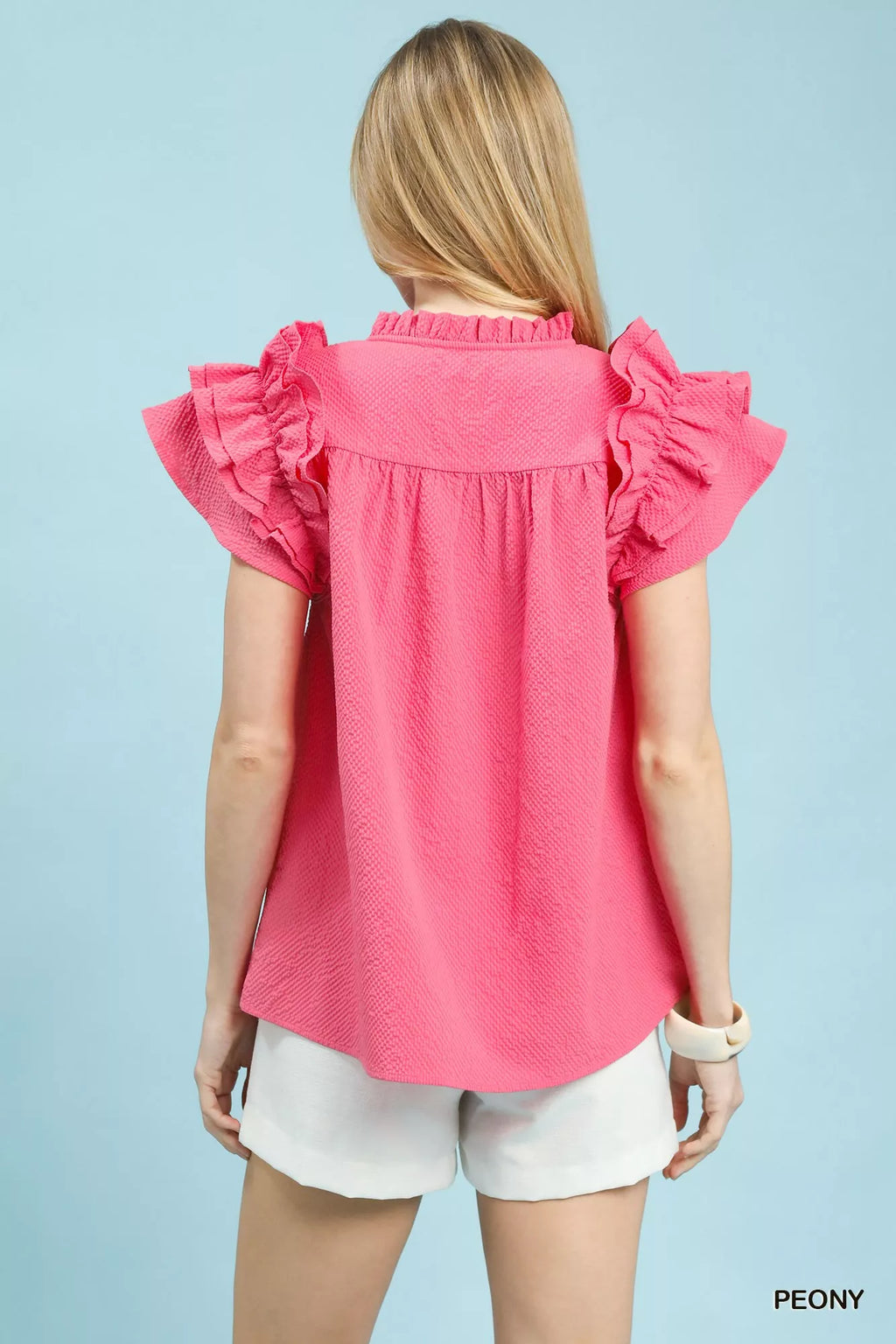 Umgee Textured Ruffle Sleeve Notched Top