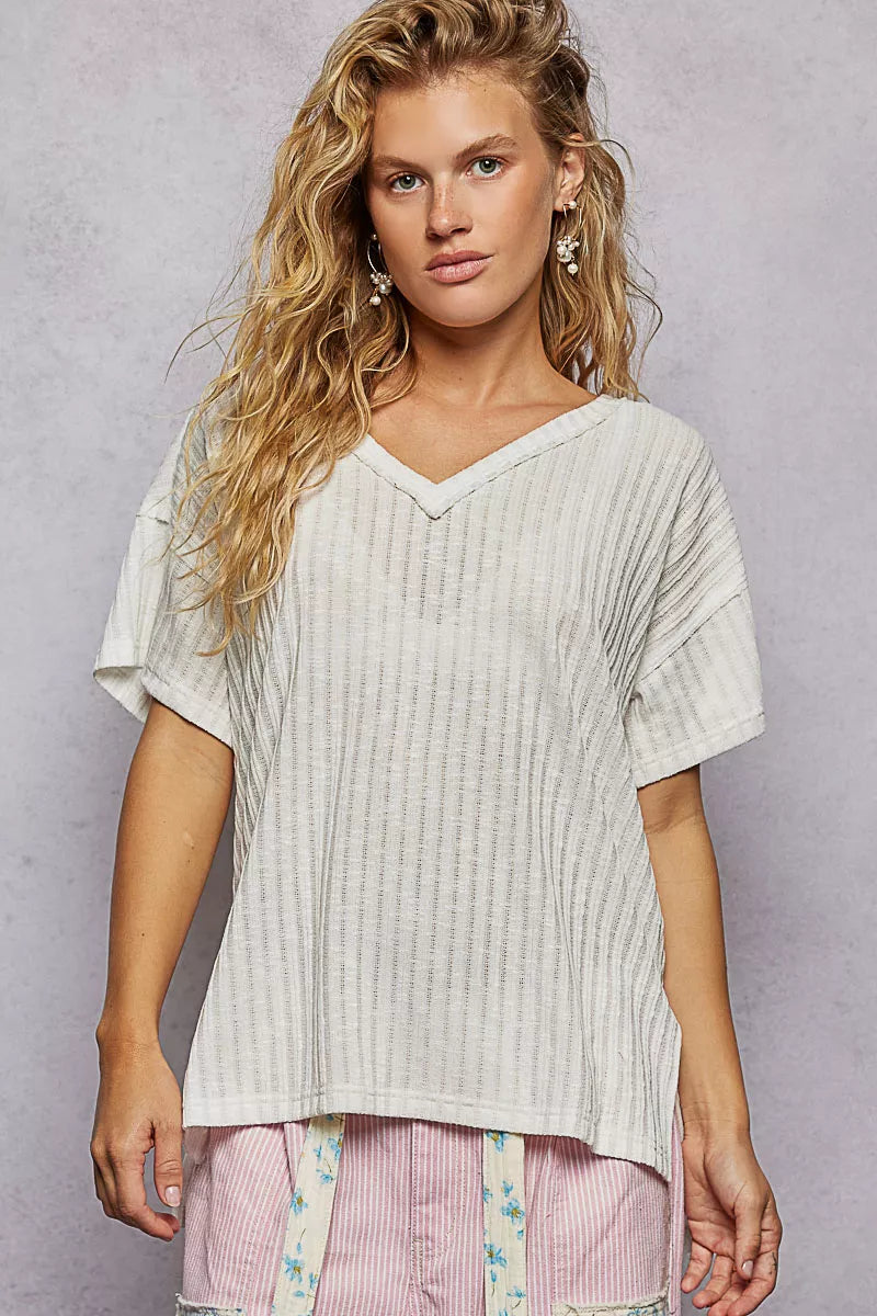 POL Ribbed Knit V-Neck Short Sleeve T-Shirt with Side Slit