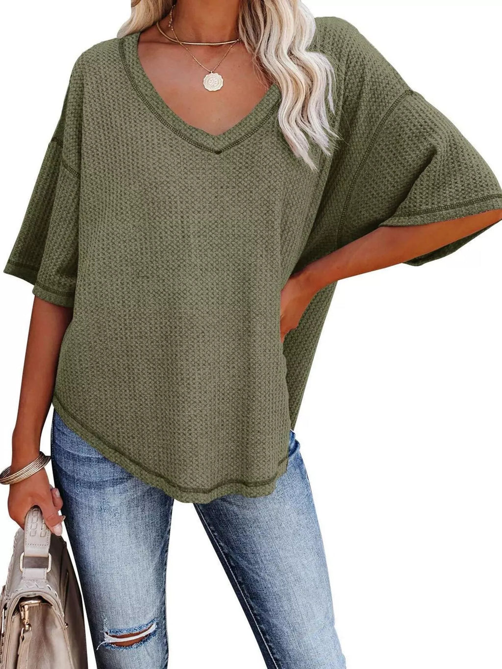 Waffle Knit V-Neck Short Sleeve T-Shirt