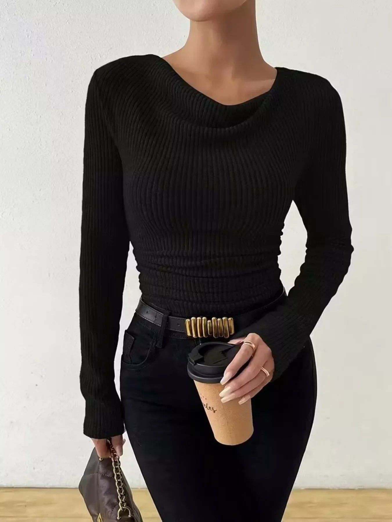 Cowl Neck Ribbed Knit Top