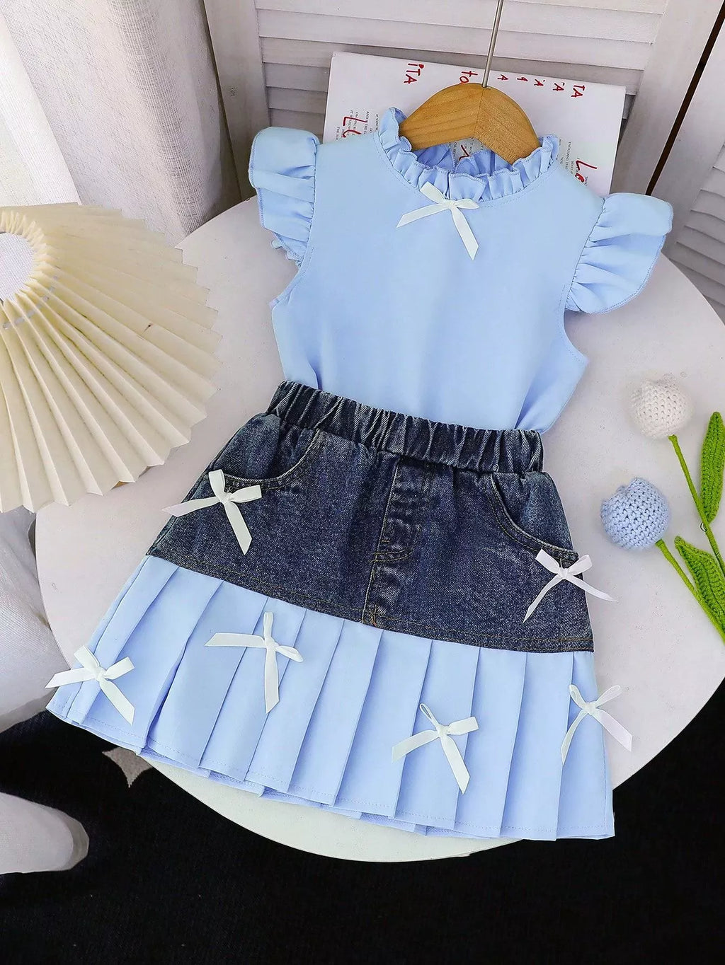 Children's Ruffled Top & Denim Patchwork Pleated Skirt Set