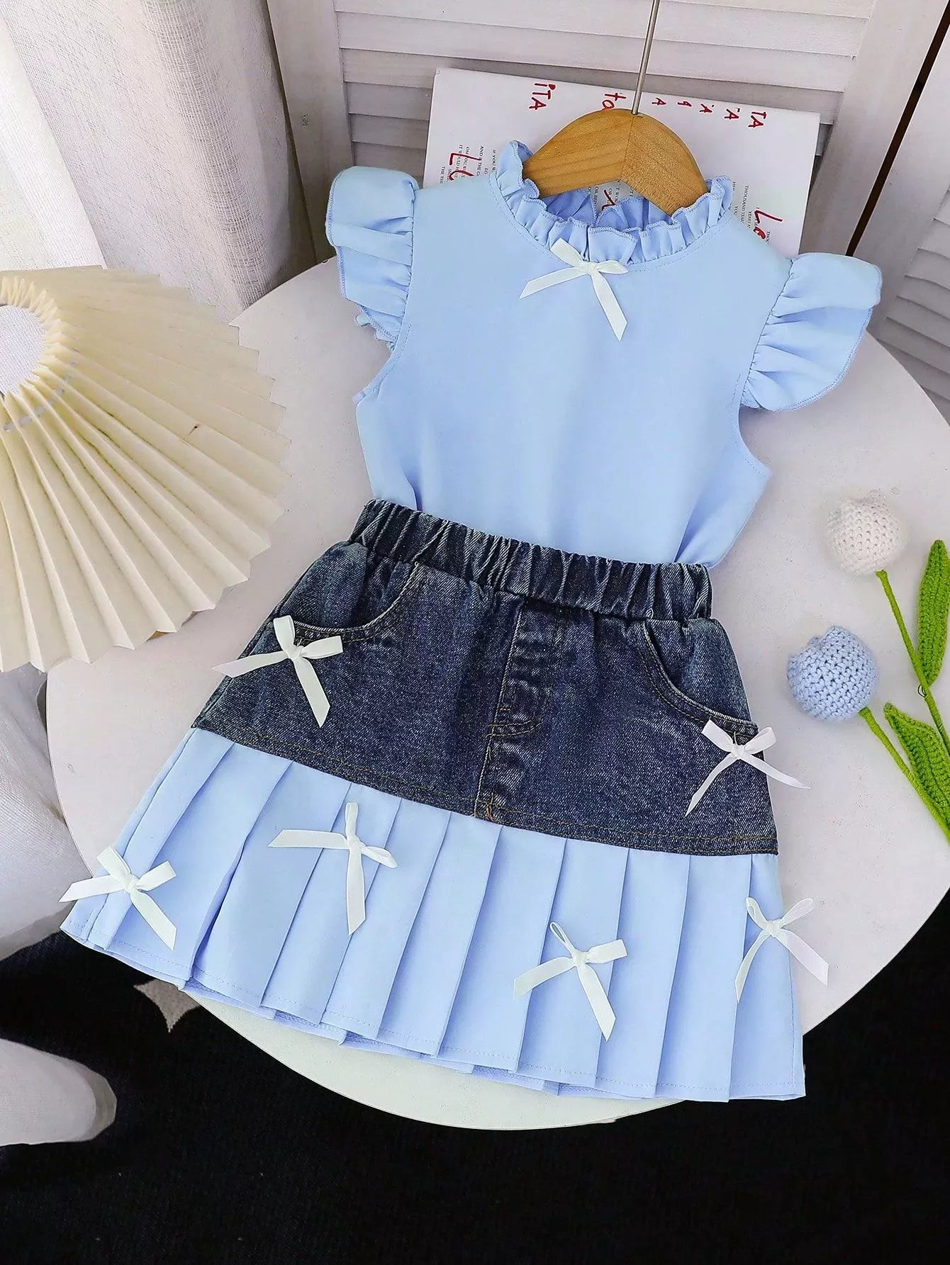 Children's Ruffled Top & Denim Patchwork Pleated Skirt Set